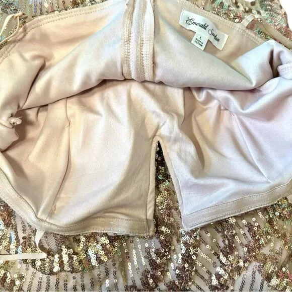 Emerald Sundae Gold Beige V-Wire Sequined Bodycon Dress Size Large - Picture 14 of 15